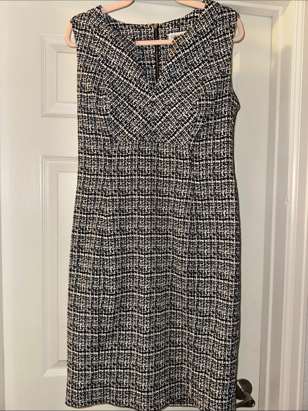 Calvin Klein Black and White Tweed Midi Sheath Dress